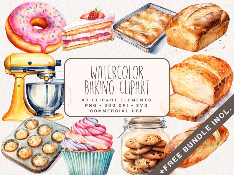 K&ouml;nnte beinhalten: Aquarell-Illustrationen von Backzubeh&ouml;r, darunter ein gelber Standmixer, ein Cupcake mit rosa und lila Frosting, ein Glas mit Schokoladenkekse, ein Brotlaib, eine Form mit Br&ouml;tchen, ein St&uuml;ck Kuchen, ein Donut und eine Muffinform mit Muffins. Der Text "WATERCOLOR BAKING CLIPART" befindet sich in der Mitte des Bildes. Der Text "43 CLIPART ELEMENTS PNG 300 DPI SVG COMMERCIAL USE" befindet sich unter dem Titel. Der Text "+FREE BUNDLE INCL." befindet sich in der unteren rechten Ecke des Bildes.