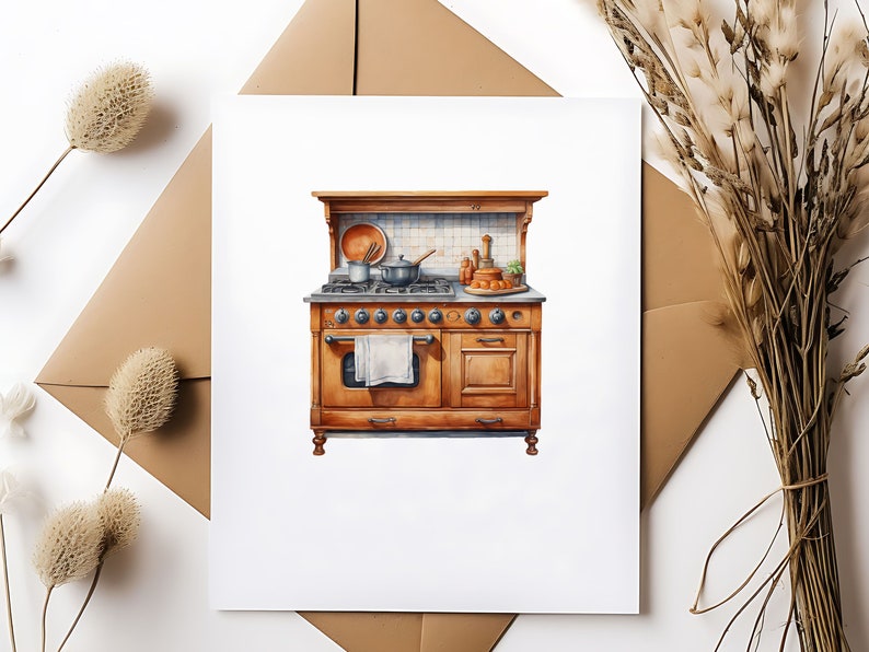 May include: A watercolor illustration of a vintage, wooden stove with a white towel hanging from the oven door. The stove has a black top with six burners and a large oven. There are various cooking utensils and ingredients on the counter above the stove.