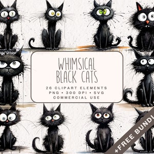 Imágenes prediseñadas caprichosas de gatos negros, lindos gráficos de acuarela en PNG y SVG, ilustraciones digitales de gatitos para uso comercial, diario basura