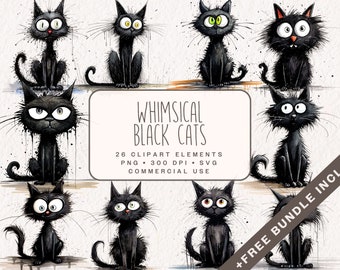 Clipart lunatique de chats noirs, graphiques aquarelles mignons en PNG et SVG, illustrations numériques de chaton pour un usage Commercial, Junk Journal