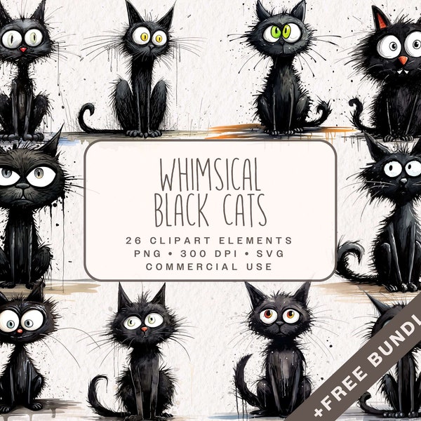 Whimsical Black Cats Clipart, Cute Watercolor Graphics in PNG and SVG, Digital Kitten Illustrations for Commercial use, Junk Journal