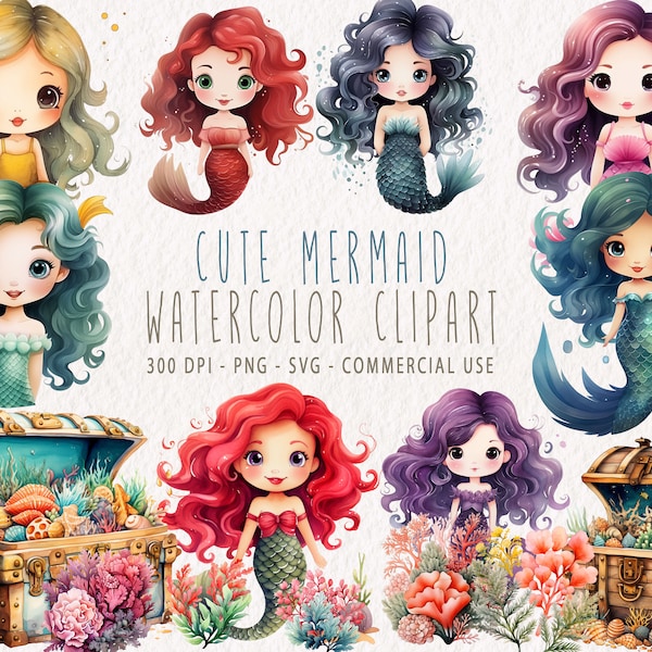 Cute Mermaid Clipart Bundle, Watercolor Mermaid PNG, Mermaid SVG, Undersea Graphics, Underwater Illustration, Happy Mermaid Clip Art Set