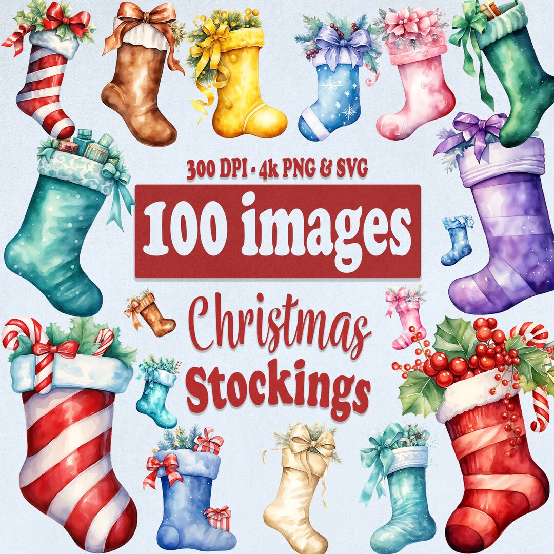 Christmas Stocking Clipart Bundle, 100 Watercolor Xmas Kids Clip Art ...