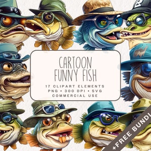 Watercolor Funny Fish Clipart, Fish with hat and sunglasses graphics in PNG and SVG, Fishing Illustrations for commercial use