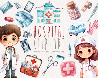 Pacchetto di clipart ospedalieri carino, grafica medica ad acquerello, PNG medico, infermiera SVG, simboli infermieristici, ambulanza, illustrazioni sanitarie