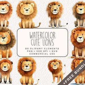 Aquarel schattige leeuwen clipartbundel, safari dieren graphics in PNG en SVG, Junk Journal kwekerij decor illustraties voor commercieel gebruik