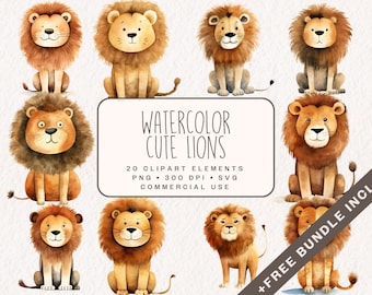 Watercolor Cute Lions Clipart Bundle, Safari Animals Graphics in PNG and SVG, Junk Journal Nursery Decor Illustrations for Commercial use