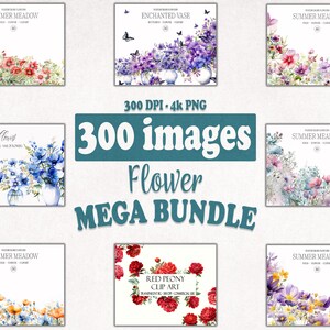 Pacote Mega Clipart de flores silvestres, 300 PNGs flores silvestres, flores silvestres em aquarela, clipart floral, clipart pré-fabricado, clipart aquarela