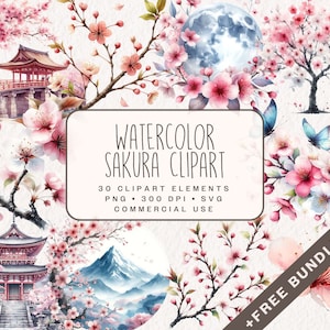 Bundle de cliparts Sakura aquarelle, arbres de la forêt et graphiques de fleurs de fleurs de cerisier de printemps en PNG et SVG pour un usage commercial en téléchargement immédiat