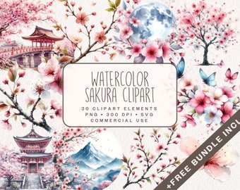 Watercolor Sakura Clipart Bundle, Forest Trees and Spring Cherry Blossom Flower Graphics in PNG & SVG for commercial use as instant download