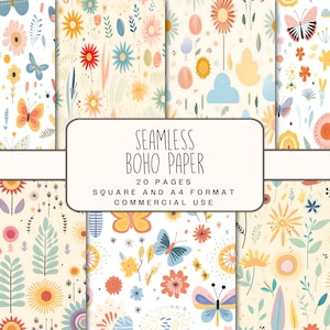 Papel digital Boho sin costuras, patrón boho sin costuras en JPG, páginas de fondo A4 Boho para diario basura y álbum de recortes