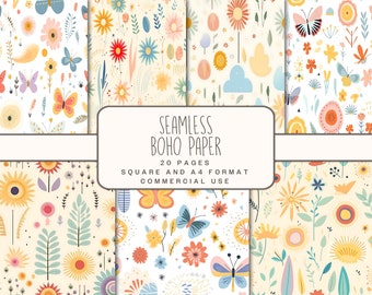 Nahtloses Boho Digital Papier, Boho Muster in JPG, A4 Boho Hintergrund Seiten für Junk Journal und Scrapbook