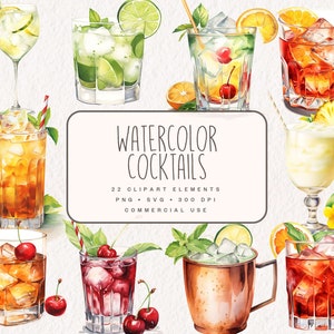 Aquarell Cocktail Drink Clipart Bundle, Alkohol Illustrationen in PNG und SVG, digitale Getränke Grafiken für kommerzielle Nutzung