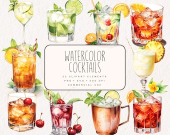 Watercolor Cocktail Drink Clipart Bundle, Alcohol Illustrations in PNG and SVG, Digital Drinks Graphics for Commercial Use