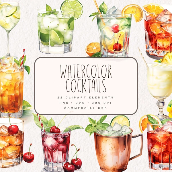 Watercolor Cocktail Drink Clipart Bundle, Alcohol Illustrations in PNG and SVG, Digital Drinks Graphics for Commercial Use