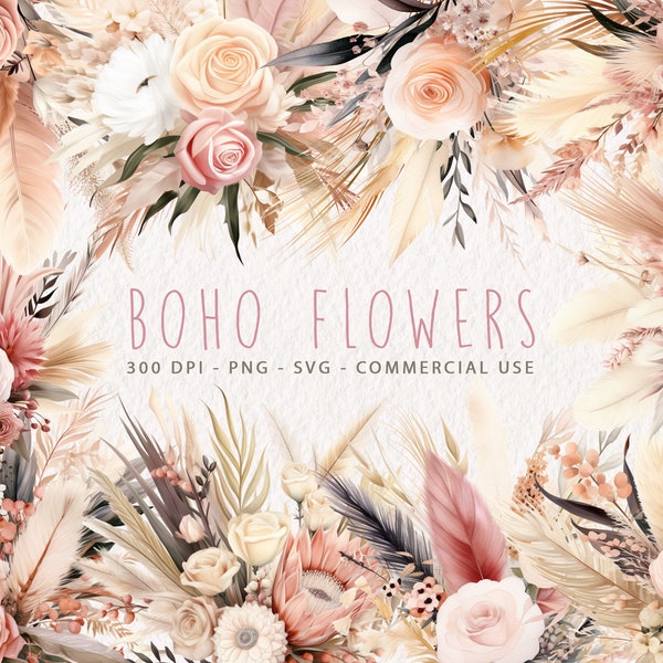 Watercolor Boho Flowers Clipart, Bohemian Floral Clipart, Boho Floral Clipart, Pampas Grass Clipart, Boho Flower PNG, Wedding Flower Clipart