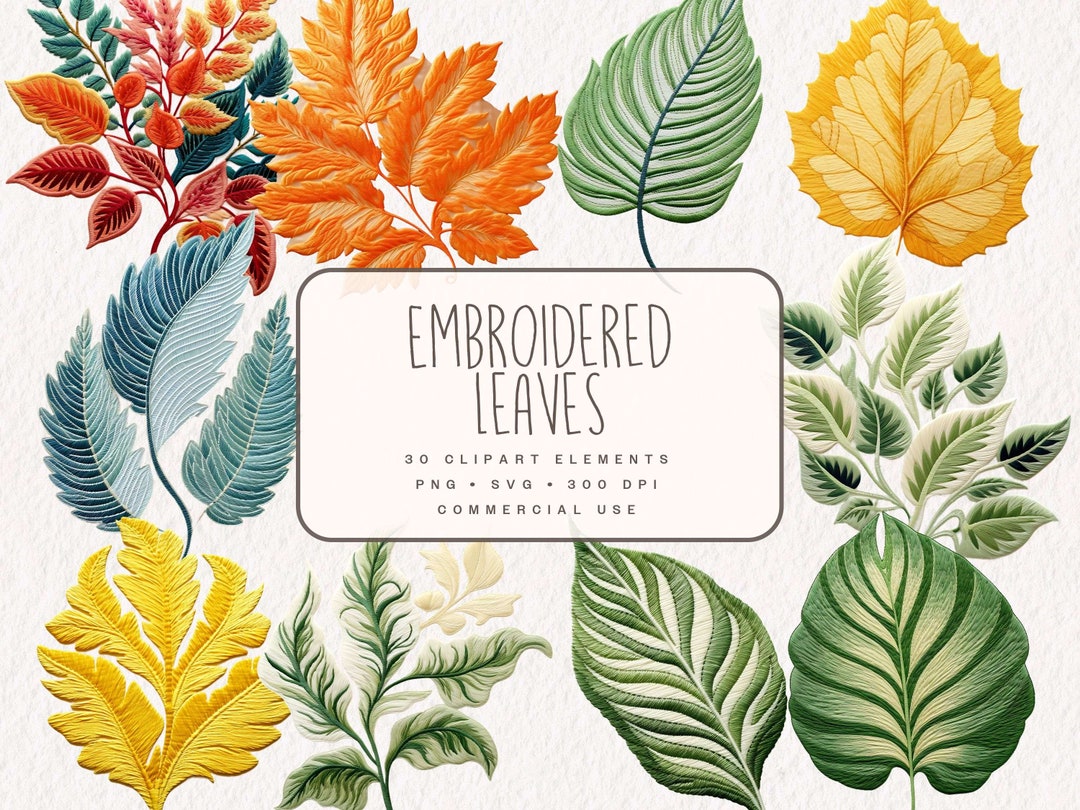 Embroidered Leaves Clipart Bundle, Colorful Cute Embroidery Graphics in ...