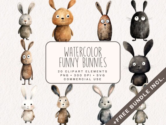 Watercolor Funny Bunny Clipart, Cute Easter Graphics in PNG and SVG, Digital Bunnies Illustrations for Commercial use, Junk Journal