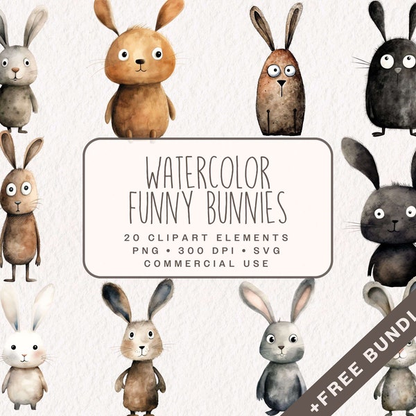 Watercolor Funny Bunny Clipart, Cute Easter Graphics in PNG and SVG, Digital Bunnies Illustrations for Commercial use, Junk Journal