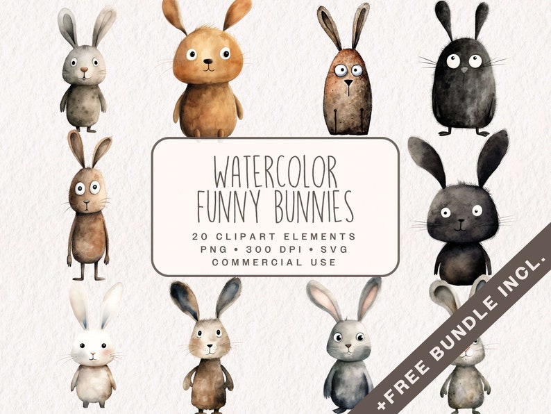 May include: A set of 20 watercolour illustrations of funny bunnies in various poses and colours. The bunnies are all cartoonish and have big eyes. The illustrations are perfect for use in digital scrapbooking, card making, and other creative projects. The text on the image reads: "Watercolor Funny Bunnies 20 Clipart Elements PNG 300 DPI SVG Commercial Use +Free Bundle Incl."