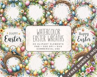 Watercolor Easter Wreaths Clipart, Happy Easter Graphics in PNG and SVG, Eggs and Flowering Graphics for card making