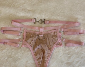 Men's lace thongs, pink thongs for men, ribbon thongs, thongs with rings