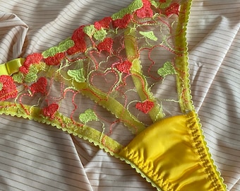 Yellow thong, thong with embroidery on mesh, sheer thong, transparent thong, heart panties, knickers, lace string