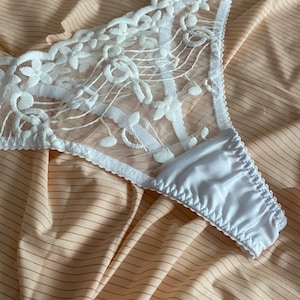 White thong, white panties, mesh embroidery thong, transparent thong, sexy panties, thong with adjusters