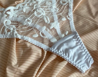 White thong, white panties, mesh embroidery thong, transparent thong, sexy panties, thong with adjusters