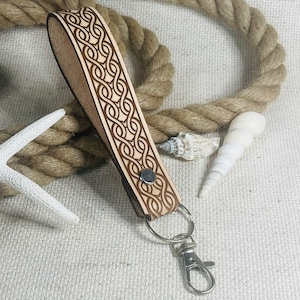Engraved Geometric Pattern Keychain | Keychains Strap | Keychain Wristlet Strap Leather | Anniversary Gift | Handmade Keychain