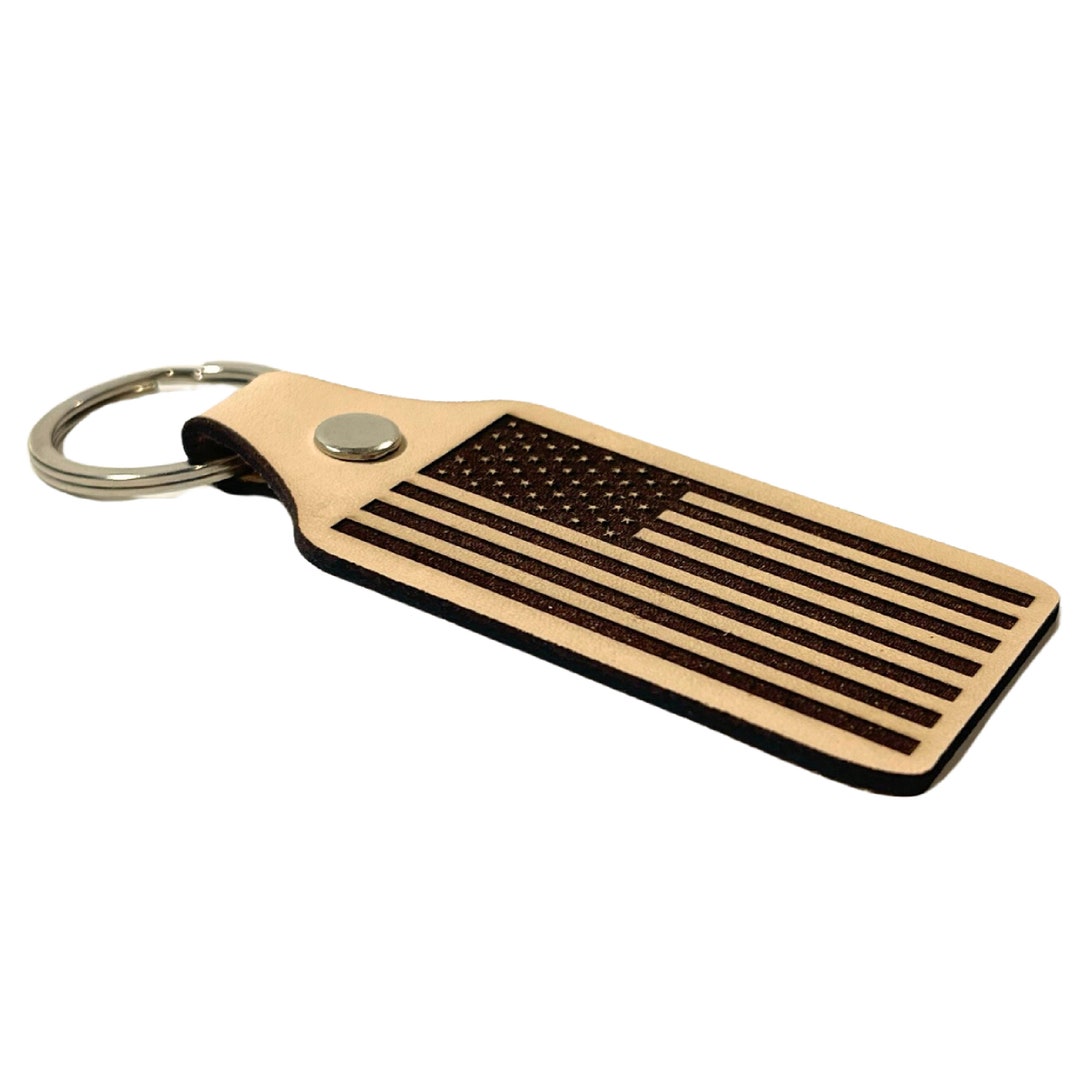 American Flag Keychain | Leather Keyring | Engraved | USA | Patriot ...