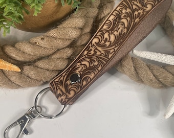 WTL001 | Engraved Tooled Leather Styled Floral Keychain | Keychains Strap | Keychain Wristlet Strap Leather | Anniversary Gift | Handmade