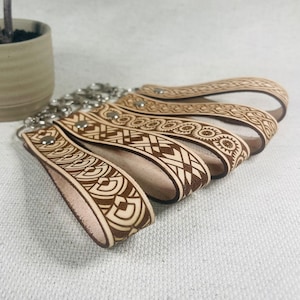 Engraved Geometric Pattern Keychain | Keychains Strap | Keychain Wristlet Strap Leather | Anniversary Gift | Handmade Keychain