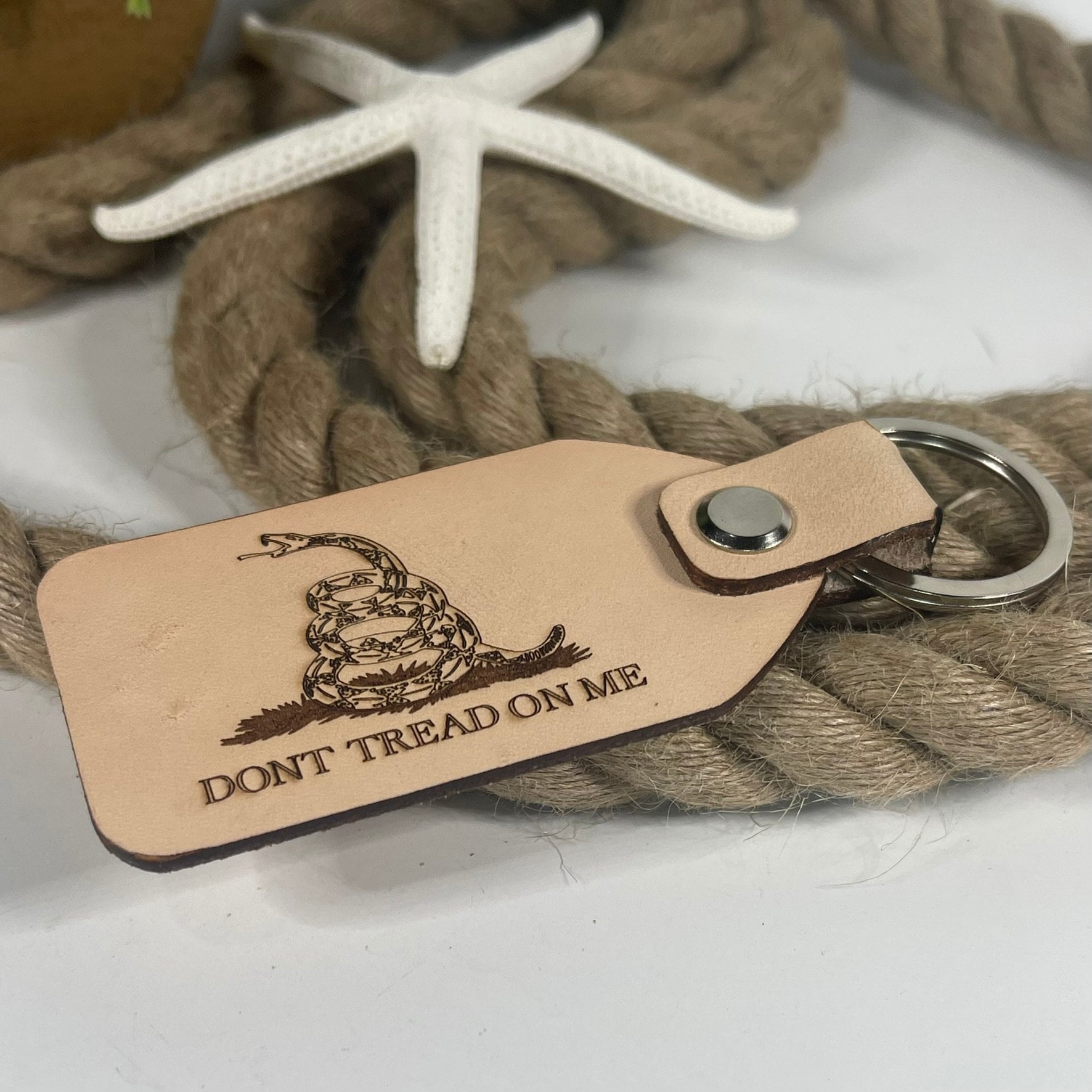 Don't Tread on Me Classic Leather Keychain | Snake Flag | Gadsden Flag | Engraved Leather Keyring | Great Gift | 3rd Anniversary