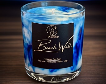 Beach Walk Candle | Sea Salt Wood Sage Scented Candle | Vegan Coconut Soy Candle | Colourful Candle | Blue Home Decor