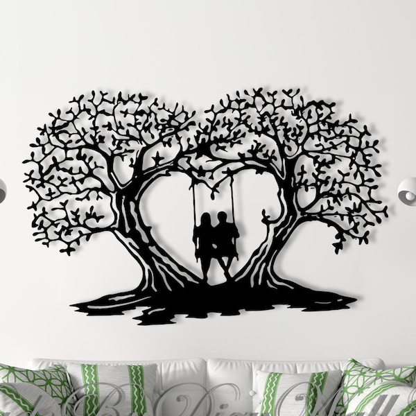 Tree of Love Metal Wall Art: Couple on Swing, Heart Tree Decor