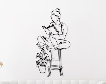 Woman Reading Metal Wall Art: Minimalist Line Decor