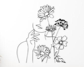 Flower Woman Metal Wall Art: Minimalist Line Decor