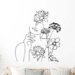 Flower Woman Metal Wall Art: Minimalist Line Decor