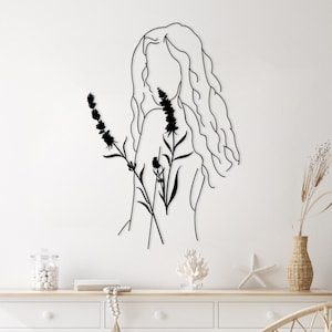 Girl with Lavender Metal Wall Art: Minimalist Line Decor