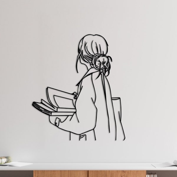 Girl in the Library Metal Wall Art, Minimalist Line Art, Metal Wall Decor, Metal Wall Art, Wall Hangings, Metal Decor, Library Wall Art