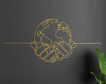 Arte de pared de metal "Ama el mundo": Decoración minimalista de líneas