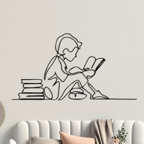 Boy Reading a Book Metal Wall Art, Minimalist Line Art, Metal Wall Decor, Metal Wall Art, Wall Hangings, Metal Decor, Library Wall Art