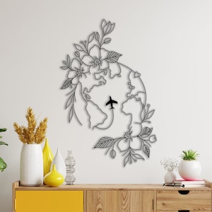 Arte de pared de metal del mundo plano, arte de línea minimalista, decoración de pared de metal, arte de pared de metal, colgantes de pared, arte de pared geométrico, arte plano de decoración de metal
