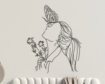 Papillon et femme, décoration murale en métal, dessin au trait minimaliste, décoration murale en métal, art mural en métal, tentures murales, art mural géométrique, art floral