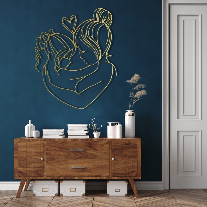 Mon and the Girl Child Metal Wall Art, Minimalist Line Art, Metal Wall