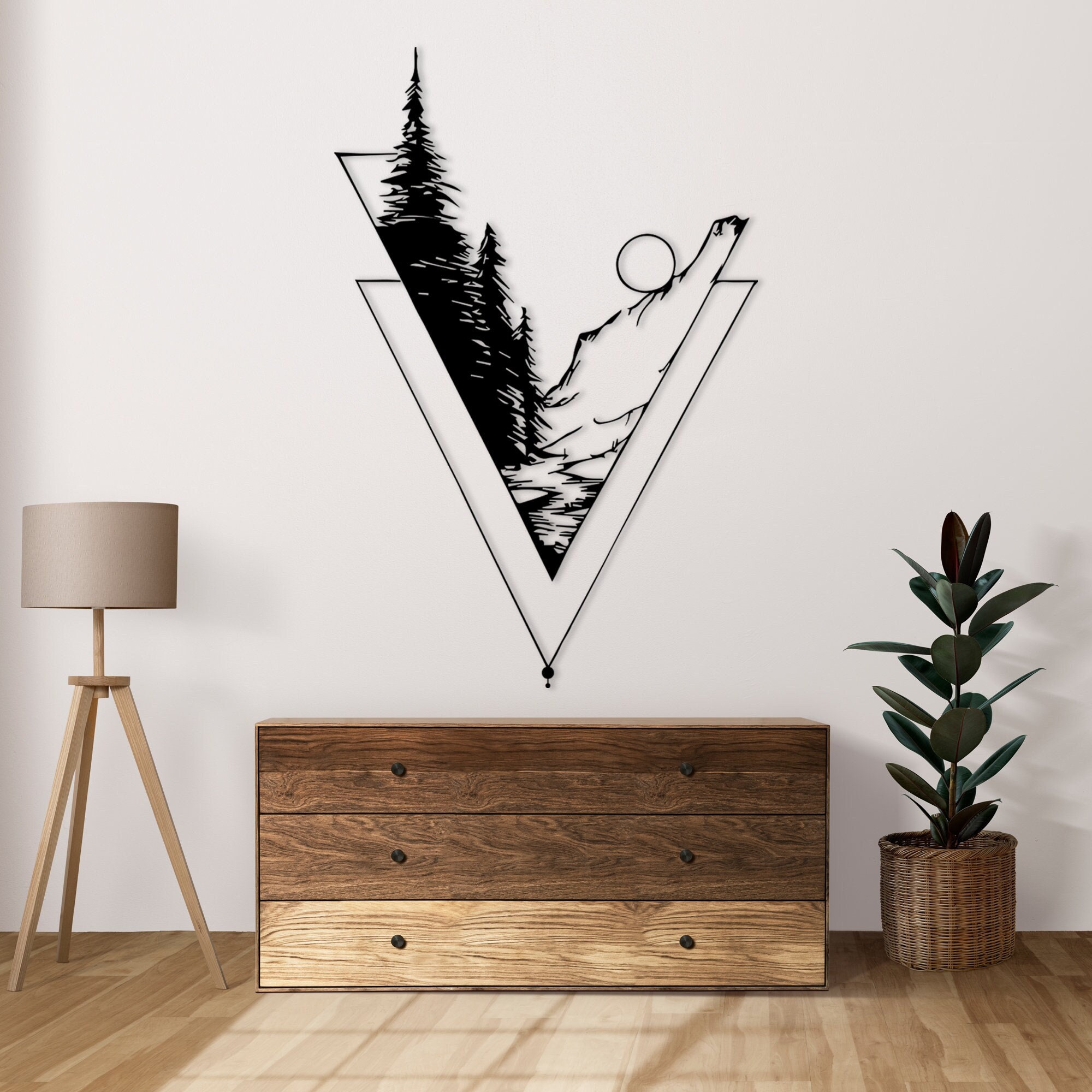 Décoration murale en métal paysage de montagne et de forêt, dessin au trait minimaliste, décoration murale en métal, art mural en métal, tentures murales, art mural géométrique