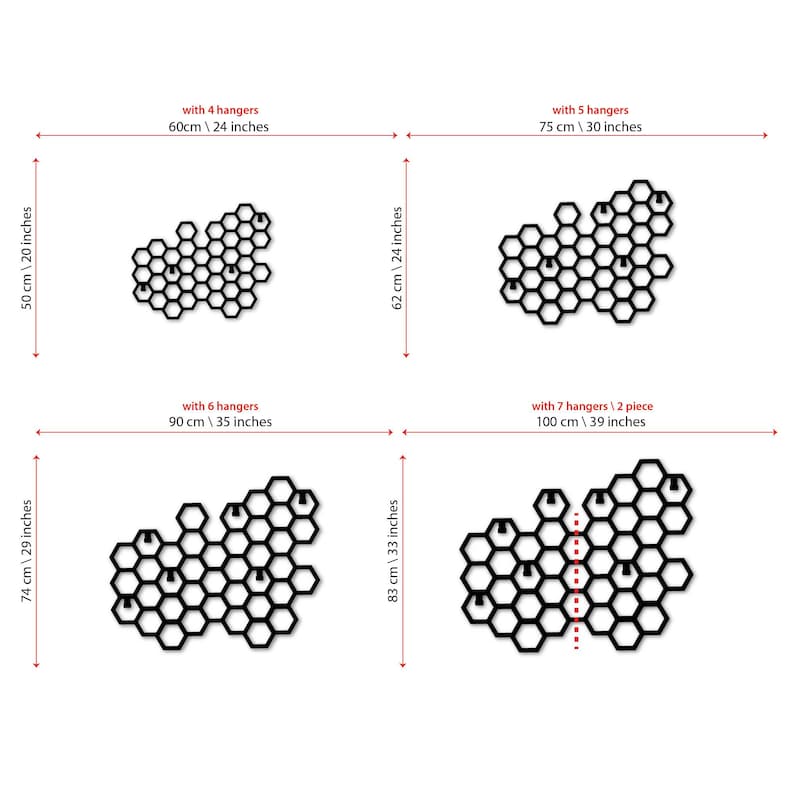 May include: Diagram showing four different sizes of honeycomb wall organizers with 4, 5, 6, and 7 hangers. The organizers are made of black metal and have a honeycomb pattern. The dimensions of each organizer are listed in inches and centimeters.