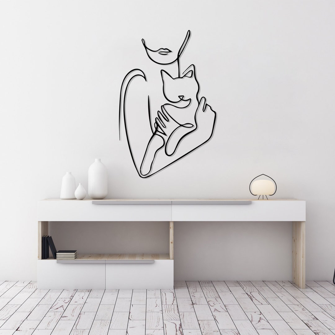 Woman Hugging Cat Metal Wall Decor, Cat Lover Woman Art, Minimalist