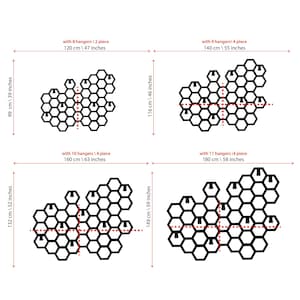 May include: Four different sizes of honeycomb wall decor, each with a different number of hangers. The smallest is 120 cm by 47 inches, the next is 140 cm by 55 inches, the next is 160 cm by 63 inches, and the largest is 180 cm by 58 inches.